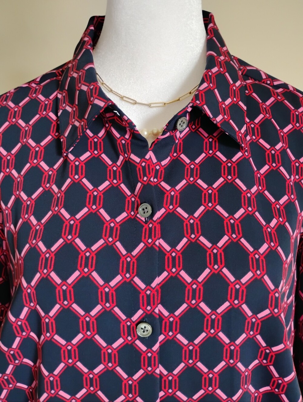 J.Jill Wearever Collection Button Up Blouse Shirt Quatrefoil Navy Blue Sz XL